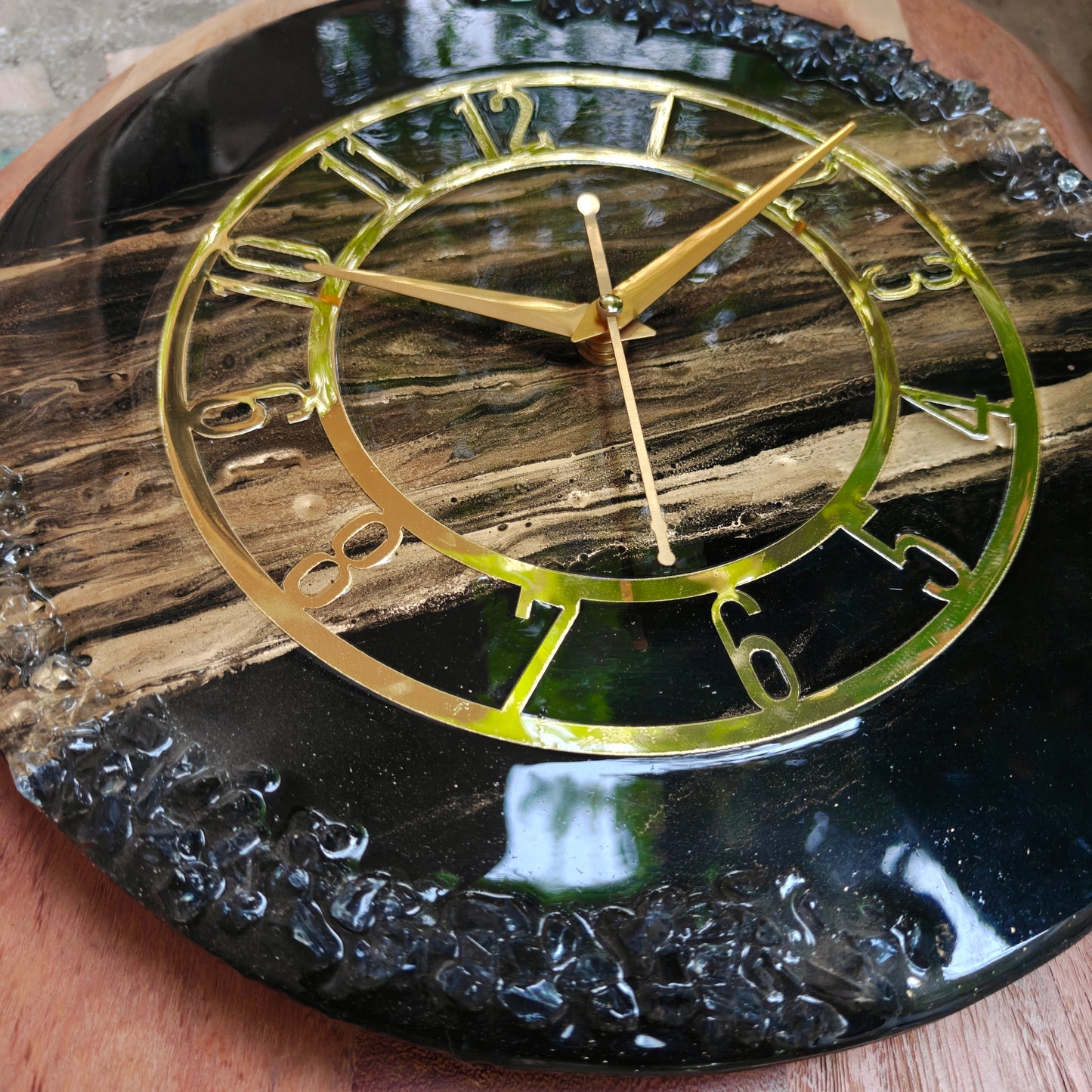 HBA0053 - Luxury Black Resin Wall Clock with Gold Numerals | Handmade Silent Wall Décor