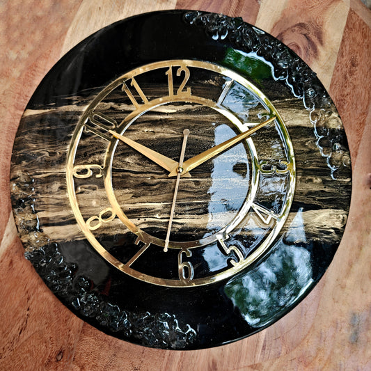 HBA0053 - Luxury Black Resin Wall Clock with Gold Numerals | Handmade Silent Wall Décor