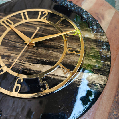 HBA0053 - Luxury Black Resin Wall Clock with Gold Numerals | Handmade Silent Wall Décor
