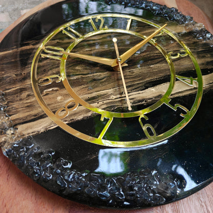 HBA0053 - Luxury Black Resin Wall Clock with Gold Numerals | Handmade Silent Wall Décor