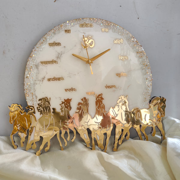 Seven Horse 0010 - Golden Surya Chariot Resin Wall Clock with Running Horses & Om Design