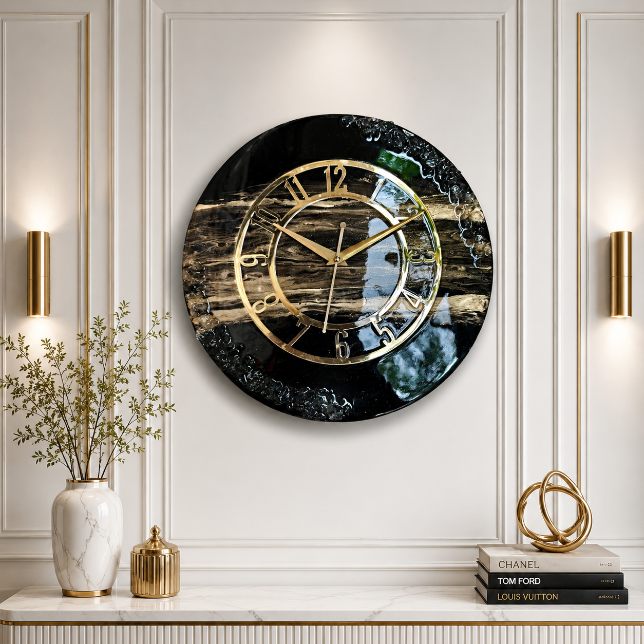 HBA0053 - Luxury Black Resin Wall Clock with Gold Numerals | Handmade Silent Wall Décor