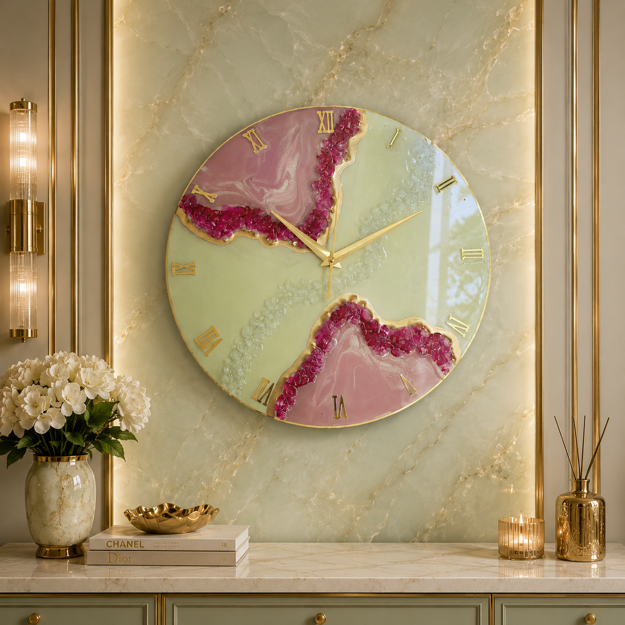 HBA0052 - Resin Geode Wall Clock with Gold Roman Numerals by Handstroies by Ankur