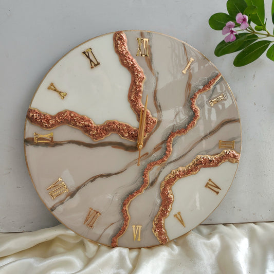 HBA0004 - Elegant Cream & Copper Geode Resin Wall Clock
