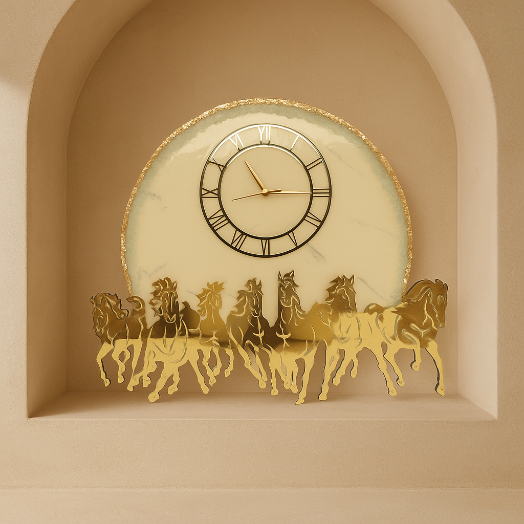 Seven Horse 0002 - Golden 7 Horse Wall Clock