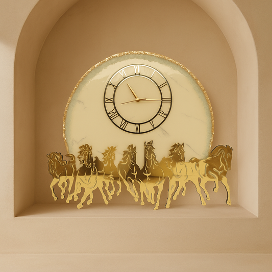 Seven Horse 0002 - Golden 7 Horse Wall Clock